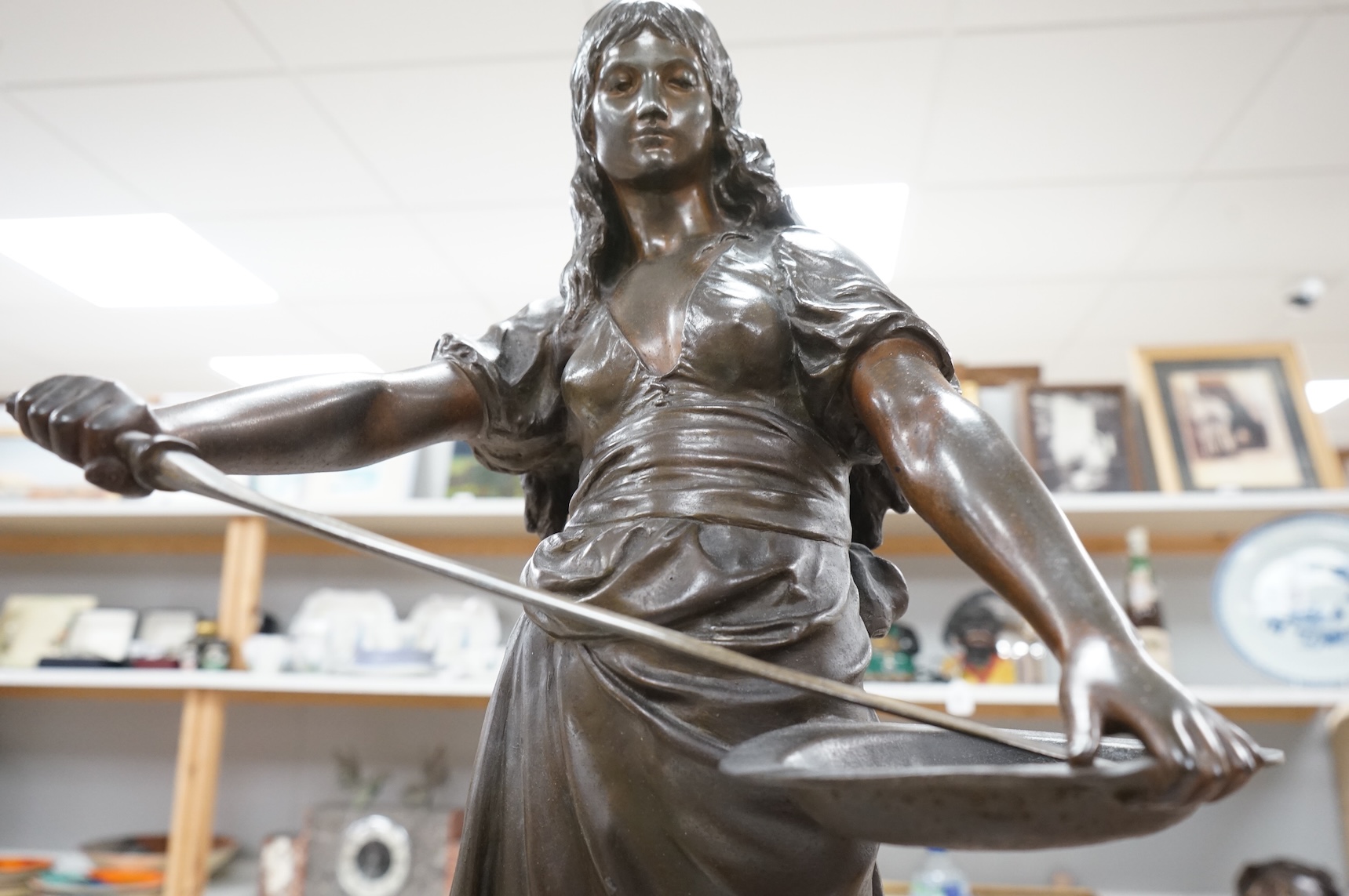 A large French patinated spelter figure of Salome, late 19th century, 75cm high